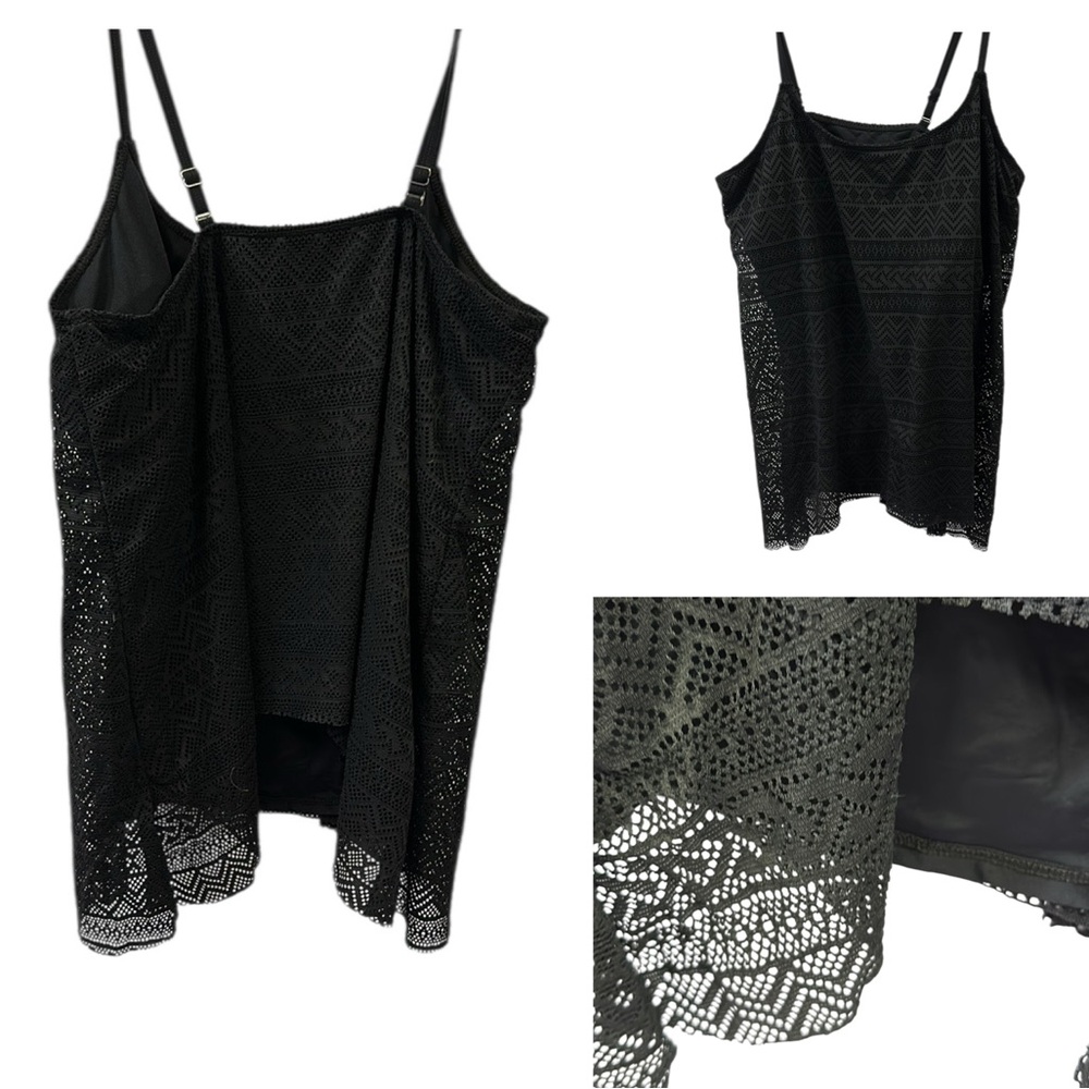 Black Lace Overlay Swimsuit Tankini Top with Padded Shelf Bra No Underwire XXXL